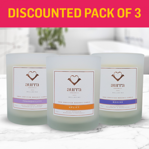 Discounted pack of 3 organic candles - Tranquility, Uplift and Revive Aurra Organics 100% Certified Organic Candles - Normal SRP £149.94